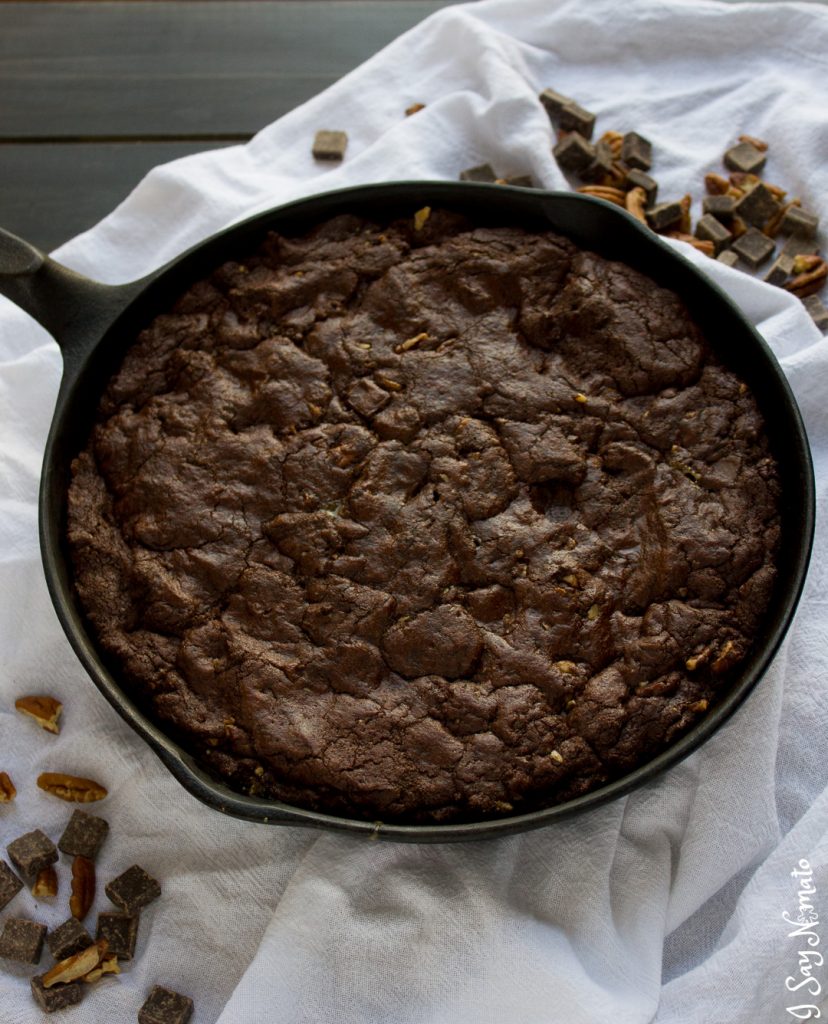 Double Chocolate Skillet Cookie with Pecans and Salted Caramel - I Say Nomato