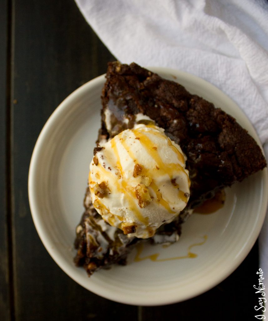 Double Chocolate Skillet Cookie with Pecans and Salted Caramel - I Say Nomato