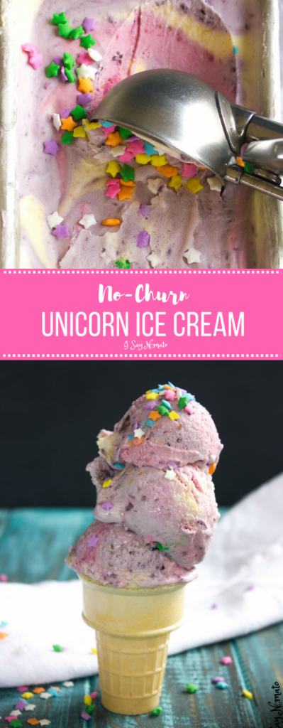 This No-Churn Unicorn Ice Cream features the delicious natural flavours and beautiful natural colours of raspberries, blackberries, and mangos in this easy swirl of pure fun!