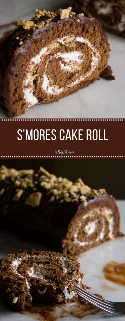 This S'mores Swiss Roll is filled with marshmallow fluff, sprinkled with crunchy graham crackers, and covered in chocolate ganache for a sweet, camping-inspired treat! 