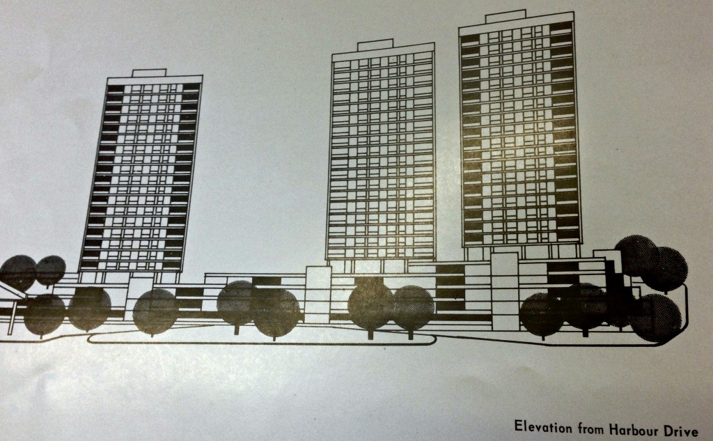 Apartment towers vied from harbor drive. Page is bent, hence distortion.