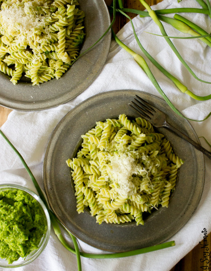Garlic Scape Pesto is not for the faint of heart! Full of garlic zing, it goes perfectly on pasta or pizza! 