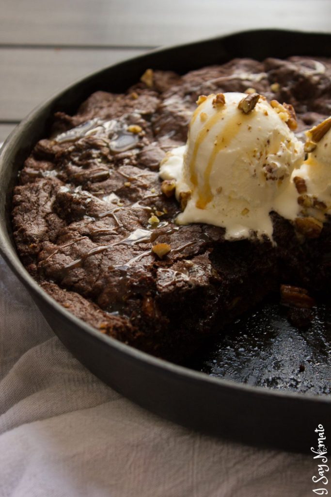 This ooey-gooey Double Chocolate Skillet Cookie with Pecans and Salted Caramel is simply out of this world!