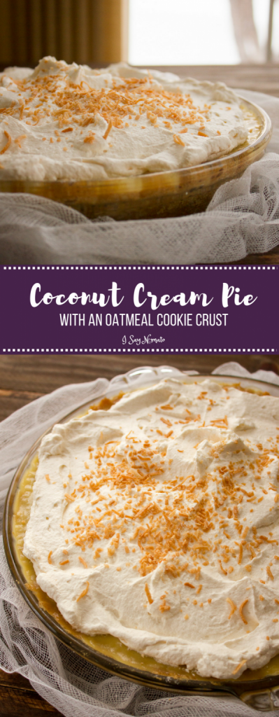 This Coconut Cream Pie with is a twist on a classic. Hearty coconut cream filling topped with whipped cream and toasted coconut, all on top of an oatmeal cookie crust for a little added crunch!