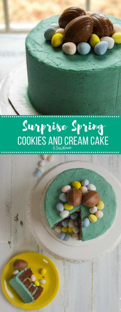 This beautiful Cookies and Cream Cake has a secret spring surprise inside! Made with rich chocolate cake and vanilla buttercream, crushed Oreos add the beautiful effect to this spring speckled egg cake.