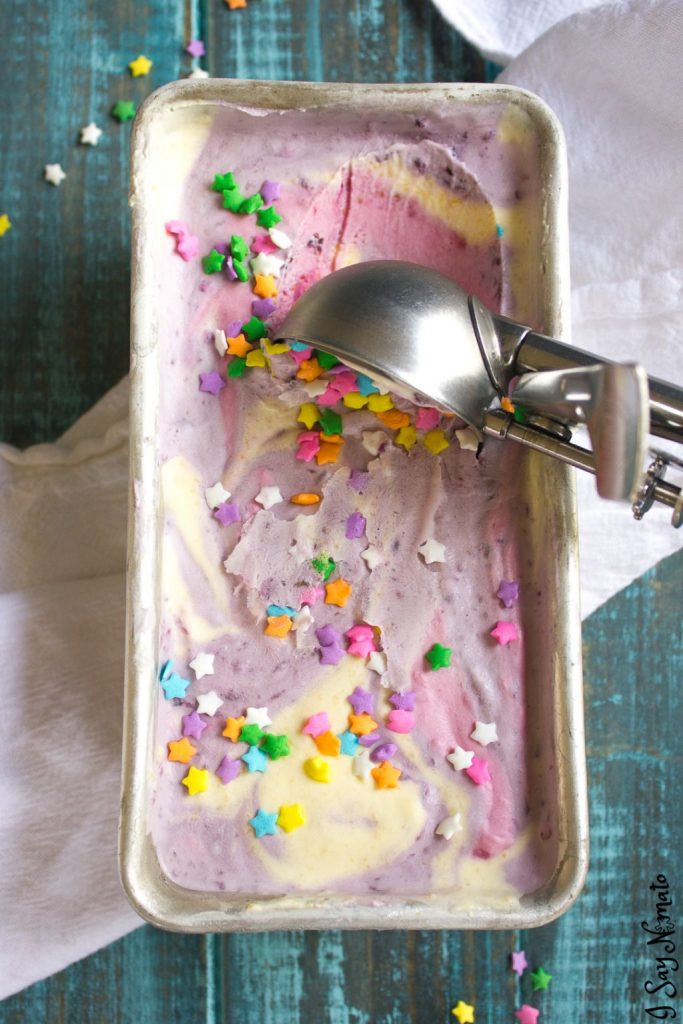 This No-Churn Unicorn Ice Cream features the delicious natural flavours and beautiful natural colours of raspberries, blackberries, and mangos in this easy swirl of pure fun! 